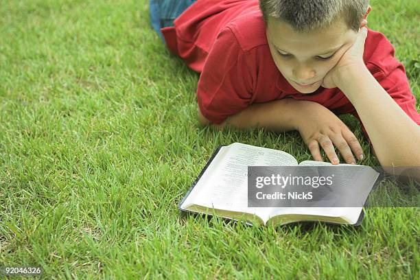 boy lying grass reading a book - bible stock pictures, royalty-free photos & images