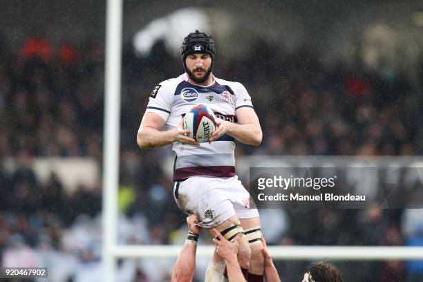 Loann Goujon of Bordeaux during the French Top 14 match between Bordeaux Begles and Castres at Stade Chaban-Delmas on February 18, 2018 in Bordeaux,...