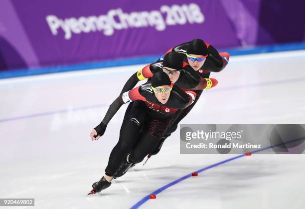 Ivanie Blondin, Josie Morrison and Isabelle Weidemann of Canada compete during the Ladies' Team Pursuit Speed Skating Quarterfinals on day 10 of the...