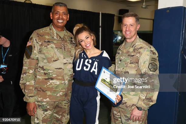 General Vincent Brooks, Singer Rachel Platten and Major Brooks pose for a photo durint the Team USA WinterFest Presented by Hershey's on February 19,...