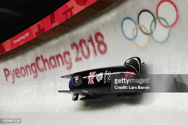 Brad Hall and Joel Fearon of Great Britain make a run during the Men's 2-Man Bobsleigh on day 10 of the PyeongChang 2018 Winter Olympic Games at...