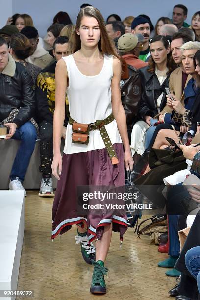 Model walks the runway at the JW Anderson Ready to Wear Fall/Winter 2018-2019 fashion show during London Fashion Week February 2018 on February 17,...