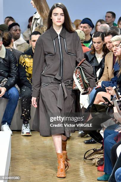 Model walks the runway at the JW Anderson Ready to Wear Fall/Winter 2018-2019 fashion show during London Fashion Week February 2018 on February 17,...