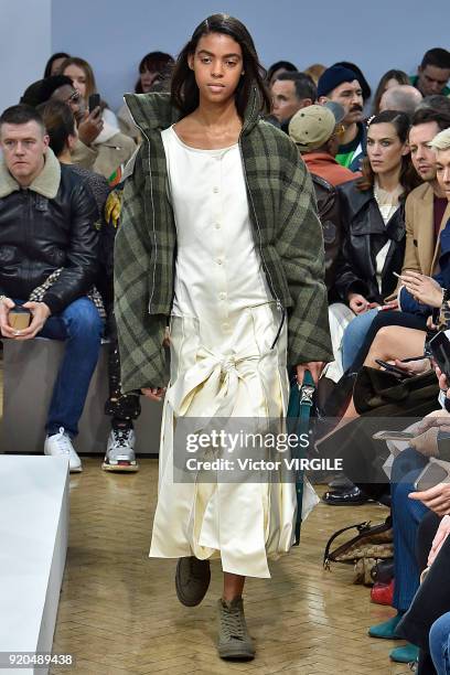 Model walks the runway at the JW Anderson Ready to Wear Fall/Winter 2018-2019 fashion show during London Fashion Week February 2018 on February 17,...