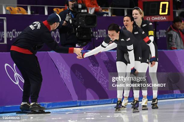 S Heather Bergsma, USA's Brittany Bowe and USA's Mia Manganello compete in the women's team pursuit quarter-final speed skating event during the...