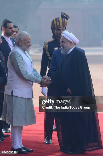 Iranian President, Hassan Rouhani, Indian President, Ram Nath Kovind and Indian Prime Minister, Narendra Modi during the ceremonial reception at the...