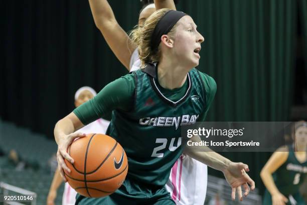 Green Bay Phoenix guard Allie Leclaire with the basketball during the second quarter of the women's college basketball game between the Green Bay...