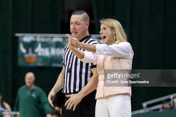 Cleveland State Vikings head coach Kate Peterson Abiad argues a call with a referee during the third quarter of the women's college basketball game...