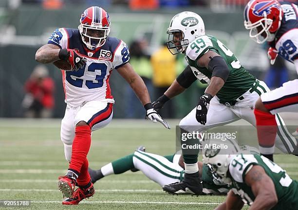 Marshawn Lynch of The Buffalo Bills in action against The New York Jets during their game on October 18, 2009 at Giants Stadium in East Rutherford,...