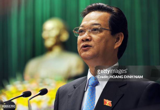 Vietnamese Prime Minister Nguyen Tan Dung delivers the main economic report at the opening of the National Assembly on October 20, 2009 in Hanoi. The...