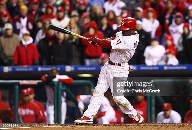 Jimmy Rollins of the Philadelphia Phillies hits a game-winning walkoff 2-run double in the bottom of the ninth inning to win 5-4 against the Los...