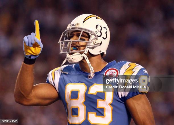 Vincent Jackson of the San Diego Chargers celebrates his touchdown against the Denver Broncos in the first half during Monday Night Football on...