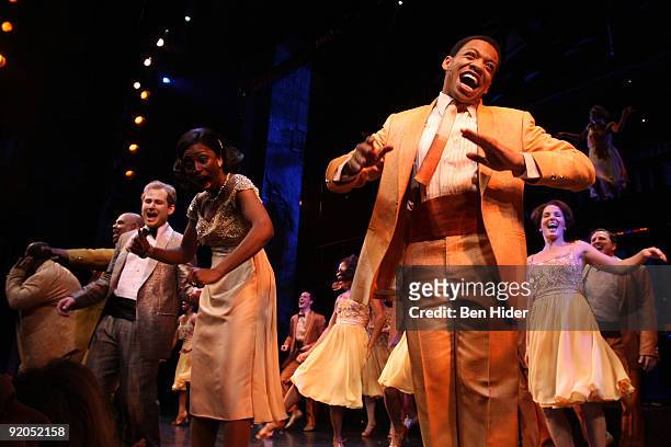 Actors Chad Kimball, Montego Glover and Derrick Baskin perform the final song during the opening night of "Memphis" on Broadway at the Shubert...