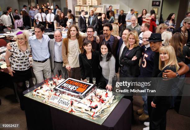 The cast and crew attend the 100th episode cake-cutting ceremony of the television show "Criminal Minds" held at Quixote Studios on October 19, 2009...