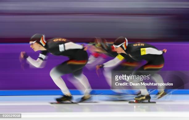 Roxanne Dufter, Gabriele Hirschbichler and Claudia Pechstein of Germany compete during the Ladies' Team Pursuit Speed Skating Quarterfinals on day 10...