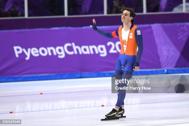 Jan Smeekens of the Netherlands celebrates his race time during the Men's 500m Speed Skating on day 10 of the PyeongChang 2018 Winter Olympic Games...
