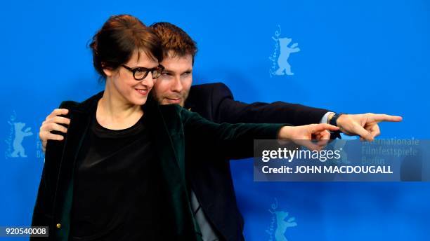 Swiss Producer Lionel Baier and French-Swiss Director and screenwriter Ursula Meier pose during a photo call for the film "Shock Waves - Diary of My...
