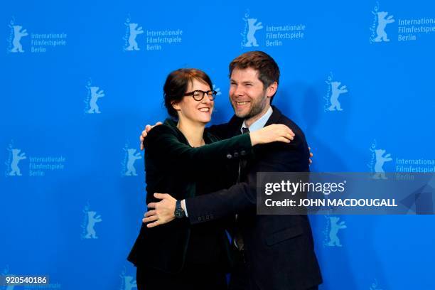 Swiss Producer Lionel Baier and French-Swiss Director and screenwriter Ursula Meier pose during a photo call for the film "Shock Waves - Diary of My...