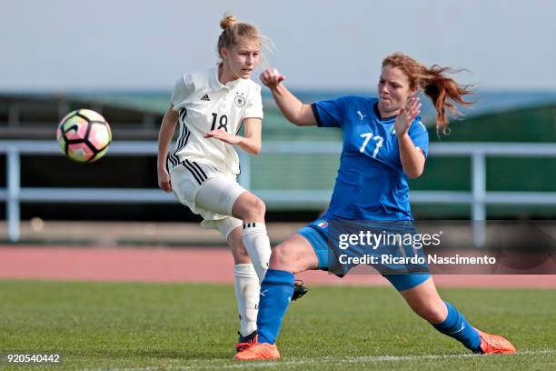 Sophie Krall of Girls Germany U16 challenges Nicole Costa of Girls Italy U16 during UEFA Development Tournament match between U16 Girls Germany and...