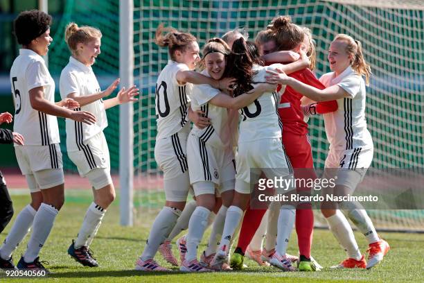 Players of Girls Germany U16 celebrate their vitory at the end of the final penalties during UEFA Development Tournament match between U16 Girls...