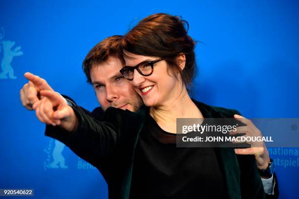 Swiss Producer Lionel Baier and French-Swiss Director and screenwriter Ursula Meier pose during a photo call for the film "Shock Waves - Diary of My...