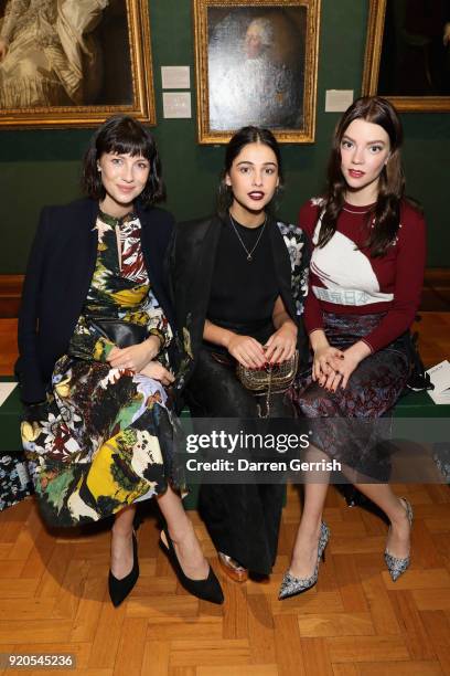 Caitriona Balfe, Naomi Scott and Anya Taylor-Joy attend the ERDEM show during London Fashion Week February 2018 on February 19, 2018 in London,...