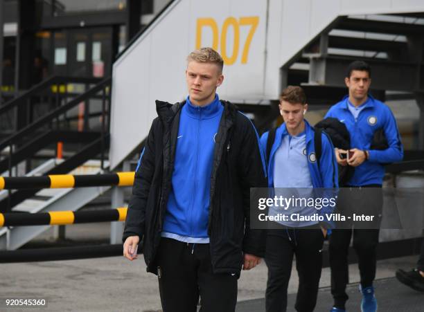 Jens Odgaard of FC Internazionale U19 departs to Manchester on February 19, 2018 in Milan, Italy.