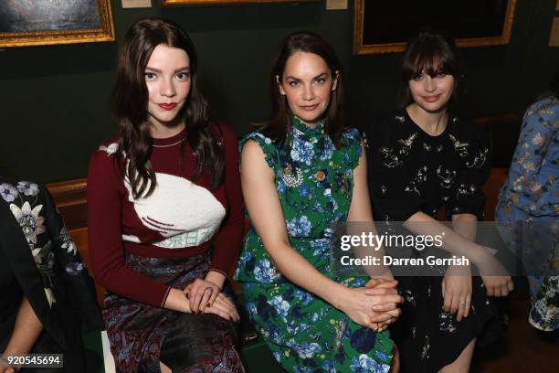 Anya Taylor-Joy, Ruth Wilson and Felicity Jones attend the ERDEM show during London Fashion Week February 2018 on February 19, 2018 in London,...