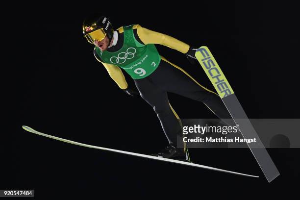 Manuel Fettner of Austria during the Ski Jumping - Men's Team Large Hill on day 10 of the PyeongChang 2018 Winter Olympic Games at Alpensia Ski...