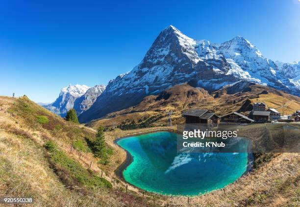 backpacker take a photo of jungfrau peak, top of europe, at kleine scheidegg, switzerland - interlaken ストックフォトと画像