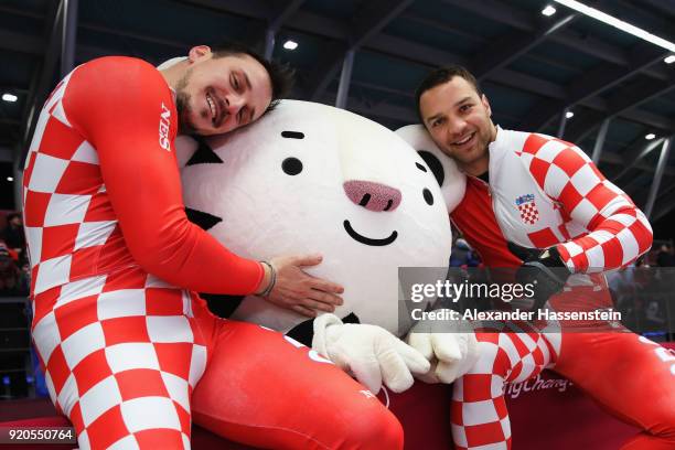Drazen Silic and Benedikt Nikpalj of Croatia pose with mascot Soohorang during the Men's 2-Man Bobsleigh on day 10 of the PyeongChang 2018 Winter...