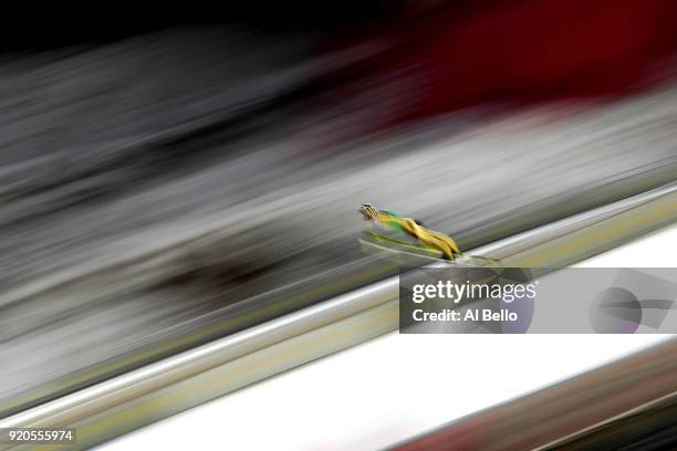 Manuel Fettner of Austria competes during the Ski Jumping - Men's Team Large Hill on day 10 of the PyeongChang 2018 Winter Olympic Games at Alpensia...