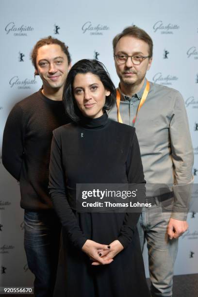 Jonas Carpignano, Noa Regev and Calin Peter Netzer attend the Glashuette Original Lounge at The 68th Berlinale International Film Festival at Grand...