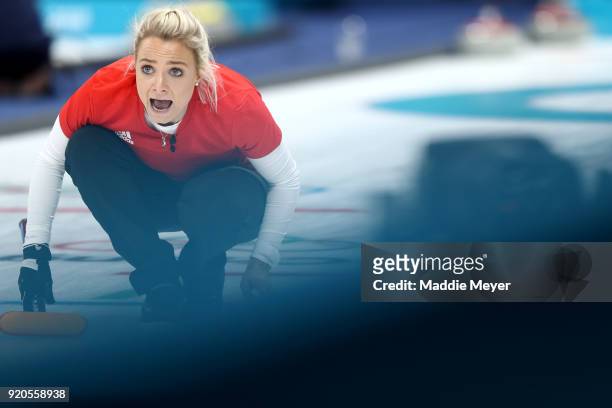 Anna Sloan of Great Britain directs her teammates during Women's Round Robin Session 9 on day 10 of the PyeongChang 2018 Winter Olympic Games at...