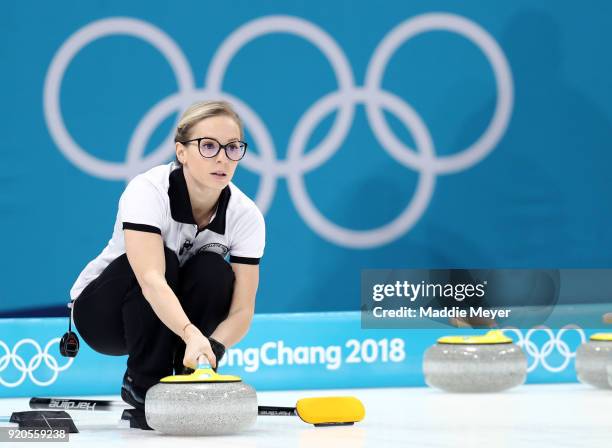 Galina Arsenkina of Olympic Athlete from Russia prepares to deliver a stone during Women's Round Robin Session 9 on day 10 of the PyeongChang 2018...