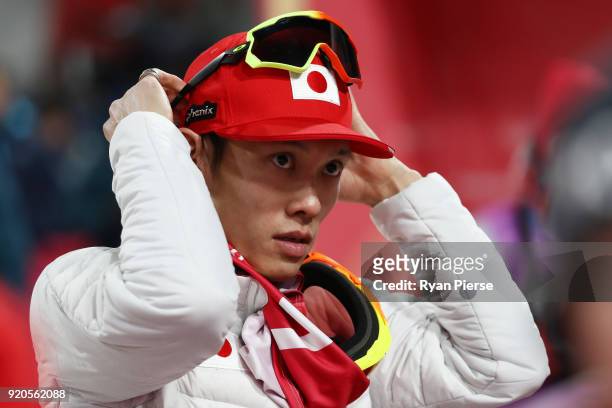 Taku Takeuchi of Japan competes during the Ski Jumping - Men's Team Large Hill on day 10 of the PyeongChang 2018 Winter Olympic Games at Alpensia Ski...