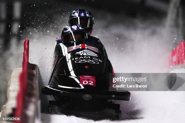 Brad Hall and Joel Fearon of Great Britain finish their final run during the Men's 2-Man Bobsleigh on day 10 of the PyeongChang 2018 Winter Olympic...