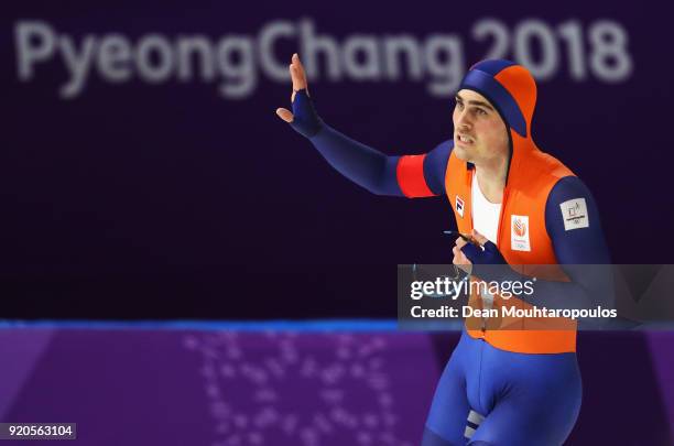 Jan Smeekens of the Netherlands reacts after competing during the Men's 500m Speed Skating on day 10 of the PyeongChang 2018 Winter Olympic Games at...