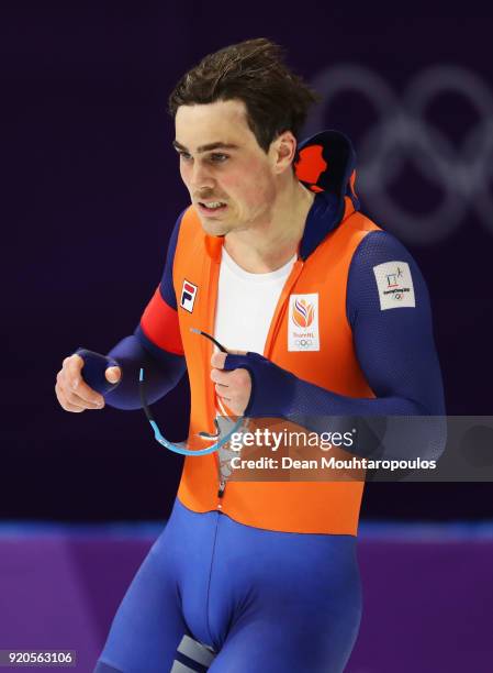Jan Smeekens of the Netherlands reacts after competing during the Men's 500m Speed Skating on day 10 of the PyeongChang 2018 Winter Olympic Games at...