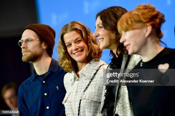 Robert Gwisdek, Marie Baeumer, Emily Atef and Birgit Minichmayr pose at the '3 Days in Quiberon' photo call during the 68th Berlinale International...