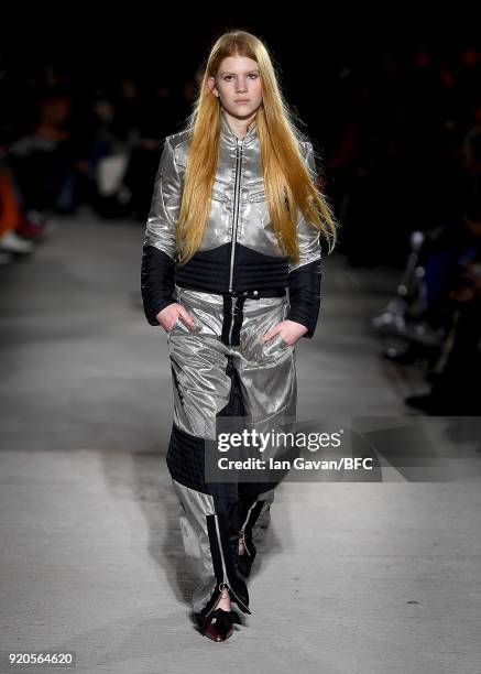 Model walks the runway at the Marques'Almeida show during London Fashion Week February 2018 on February 19, 2018 in London, England.