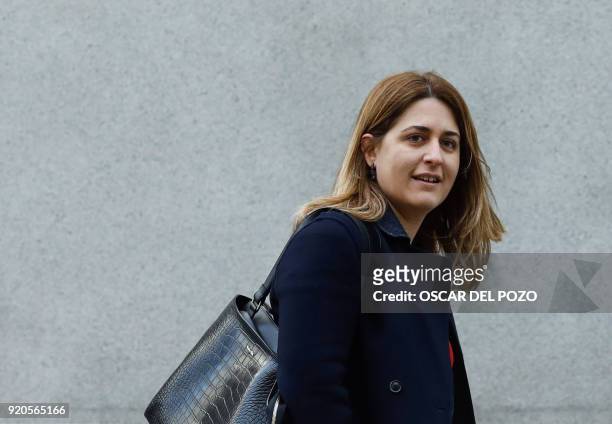 General coordinator of the 'Partit Democrata Europeu Catala'-PDeCAT Marta Pascal waves as she arrives for a hearing before the judge at the Spanish...