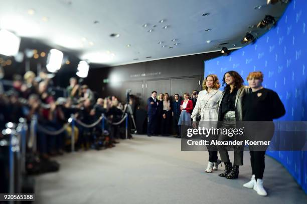 Marie Baeumer, Emily Atef and Birgit Minichmayr pose at the '3 Days in Quiberon' photo call during the 68th Berlinale International Film Festival...