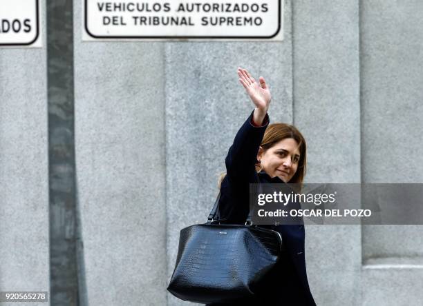 General coordinator of the 'Partit Democrata Europeu Catala'-PDeCAT Marta Pascal waves as she arrives for a hearing before the judge at the Spanish...