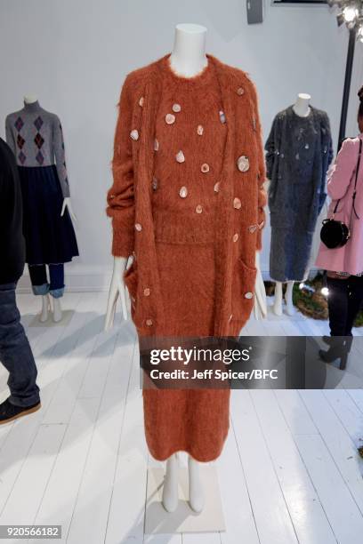 Mannequin poses at the Pringle of Scotland presentation during London Fashion Week February 2018 at Greek Street on February 19, 2018 in London,...