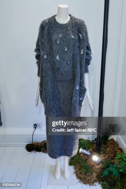 Mannequin poses at the Pringle of Scotland presentation during London Fashion Week February 2018 at Greek Street on February 19, 2018 in London,...