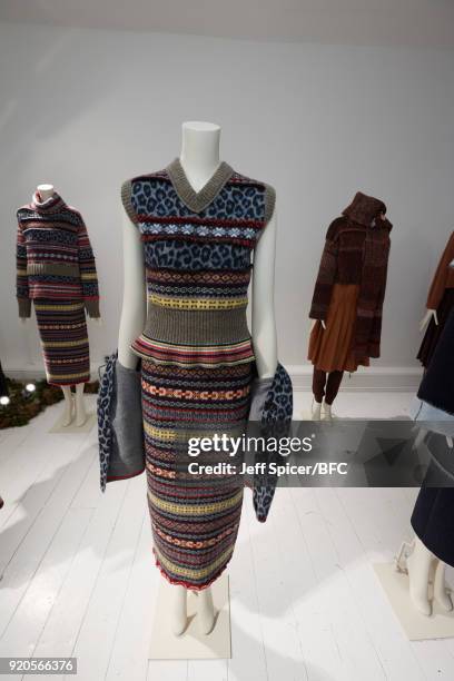 Mannequin poses at the Pringle of Scotland presentation during London Fashion Week February 2018 at Greek Street on February 19, 2018 in London,...