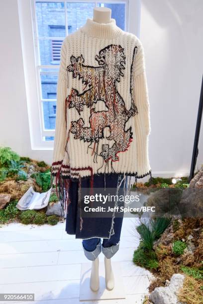 Mannequin poses at the Pringle of Scotland presentation during London Fashion Week February 2018 at Greek Street on February 19, 2018 in London,...