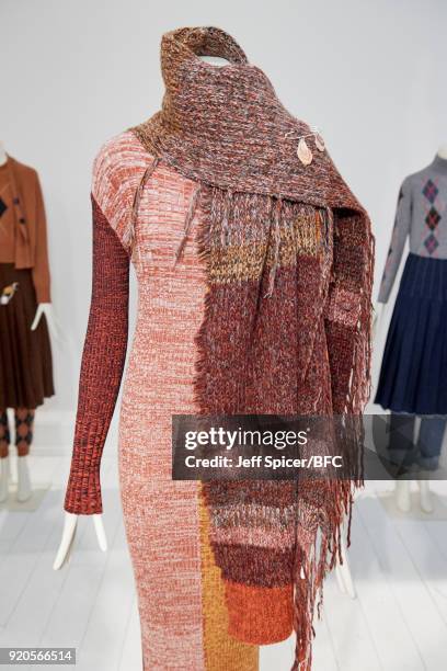 Mannequin poses at the Pringle of Scotland presentation during London Fashion Week February 2018 at Greek Street on February 19, 2018 in London,...