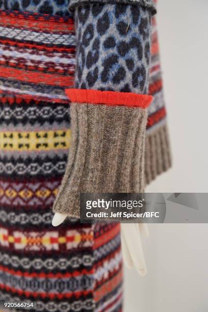 Mannequin poses at the Pringle of Scotland presentation during London Fashion Week February 2018 at Greek Street on February 19, 2018 in London,...